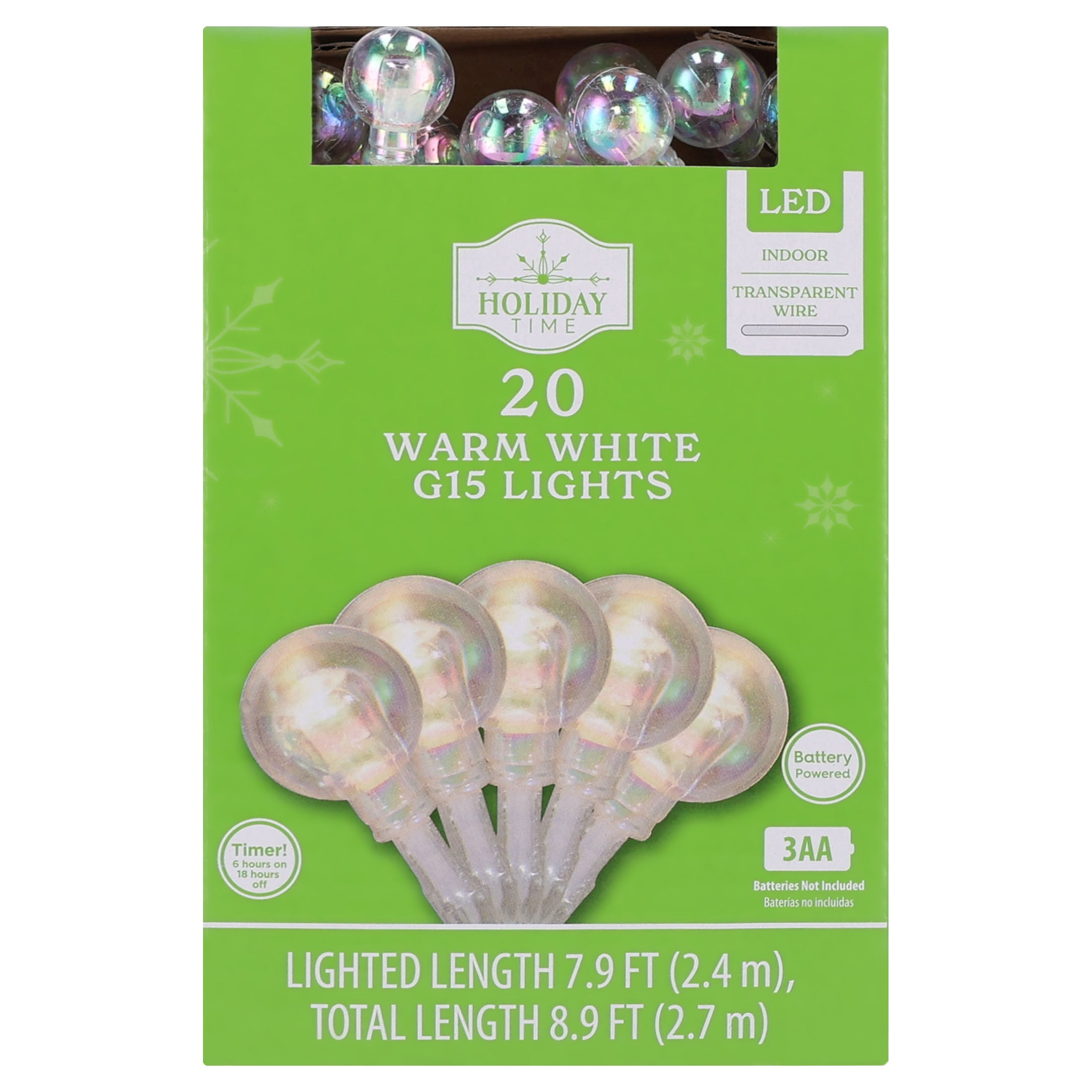 Indoor 20-Count Battery-Operated LED G15 Christmas String Lights, Warm White, Transparent Wire, 7.9', by Holiday Time