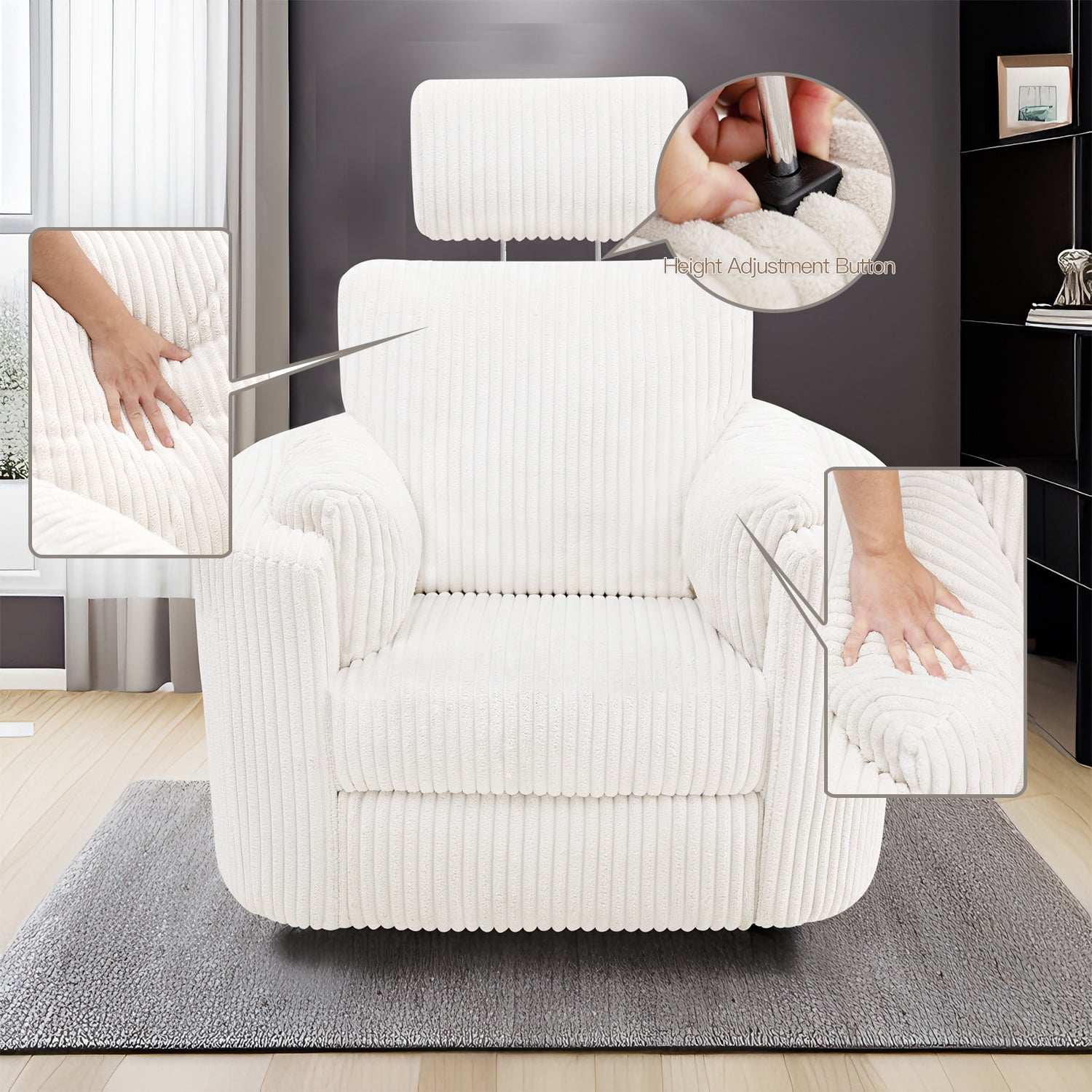 Cynefin Power Recliner Swivel Rocking Nursery Glider Rocker Chair with Headrest, USB and Type-c Port, Corduroy Electric Reclining Sofa Chair Arm Chair for Living Room