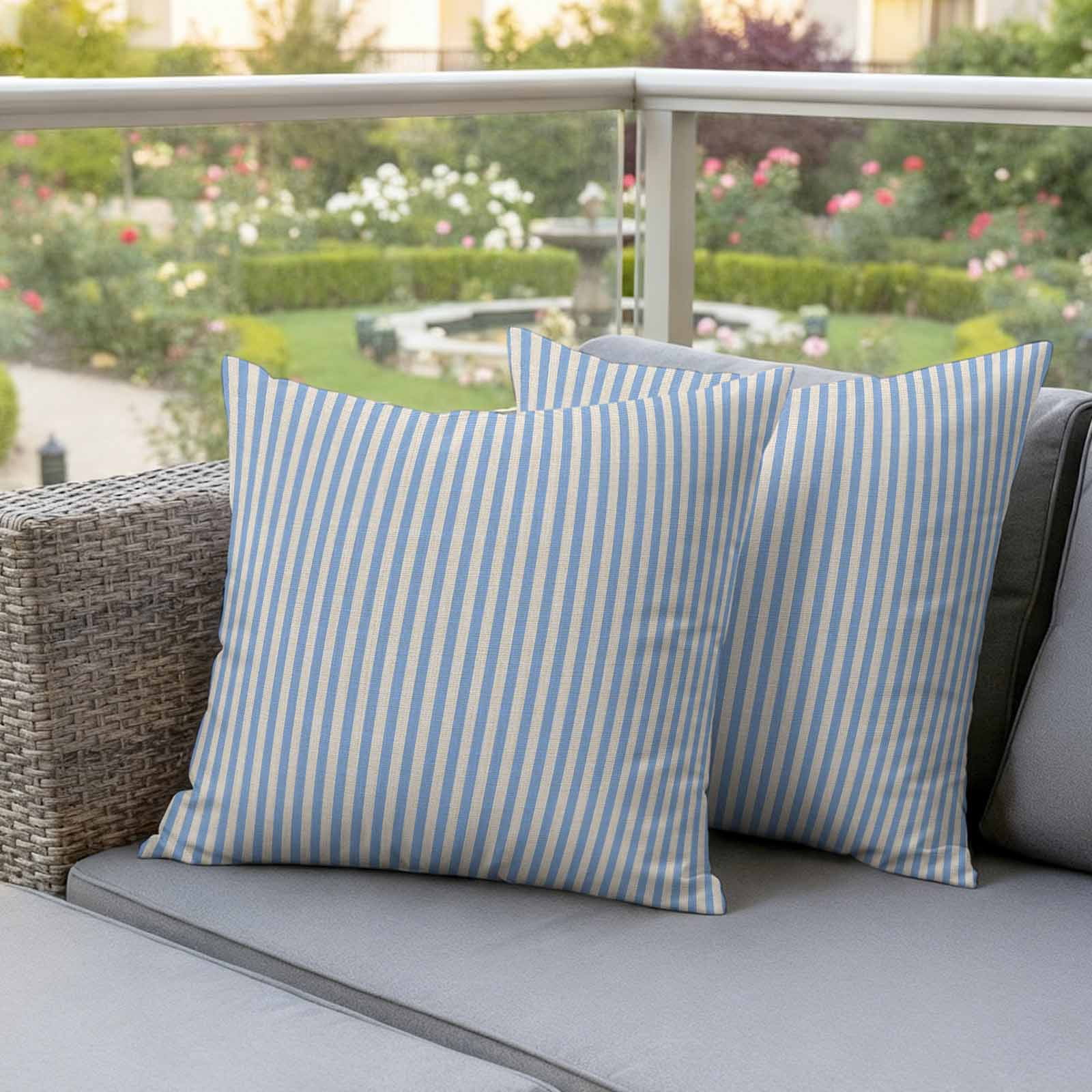 Waterproof Throw Pillow Covers 16x16 Set of 2, Modern Blue Striped on Linen Outdoor Pillowcases with Invisible Zipper, Vintage Vertical Stripes Decorative Cushion Covers for Patio Garden Sofa Couch