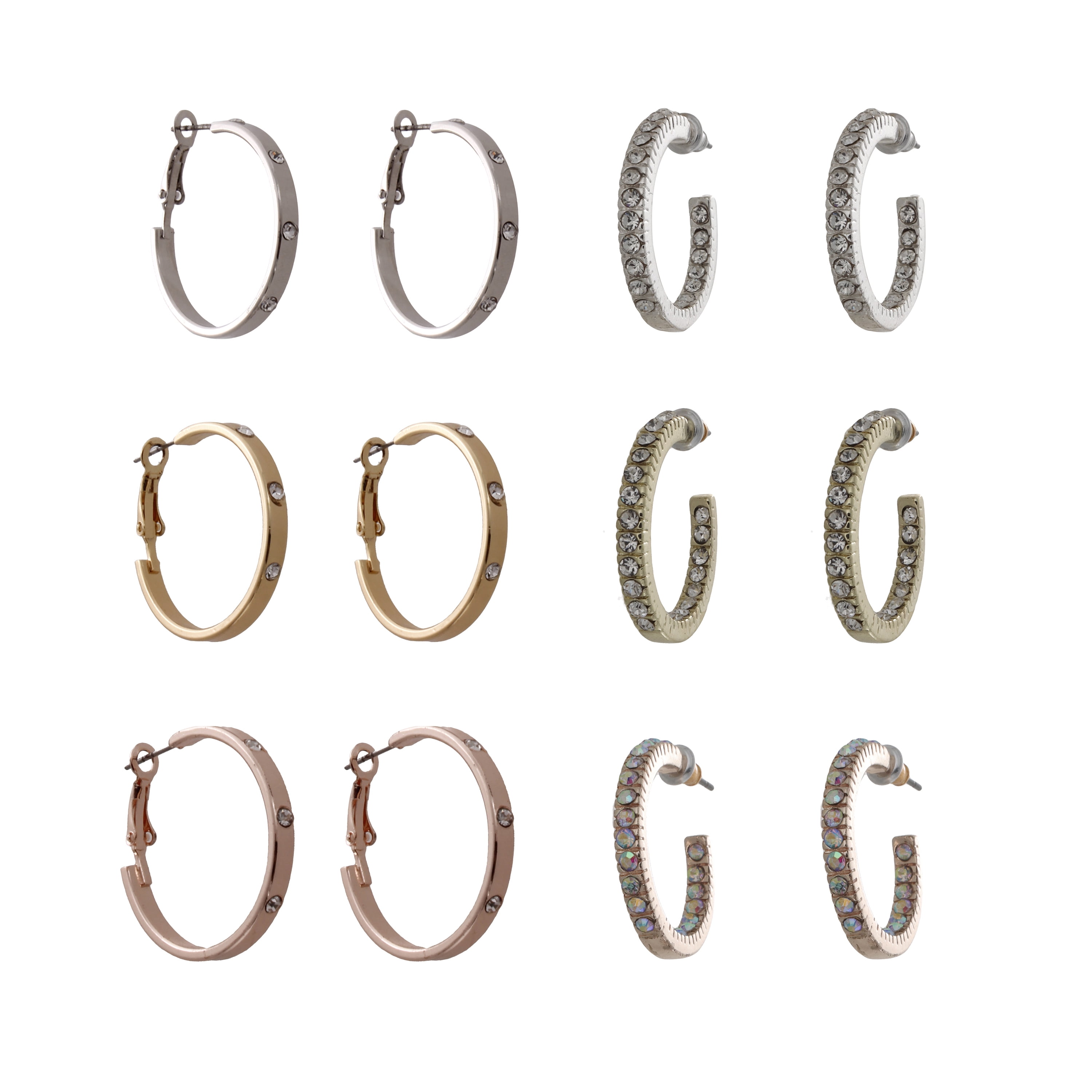Time and Tru Mixed Metal 6 Pair Crystal Hoop Earring Set