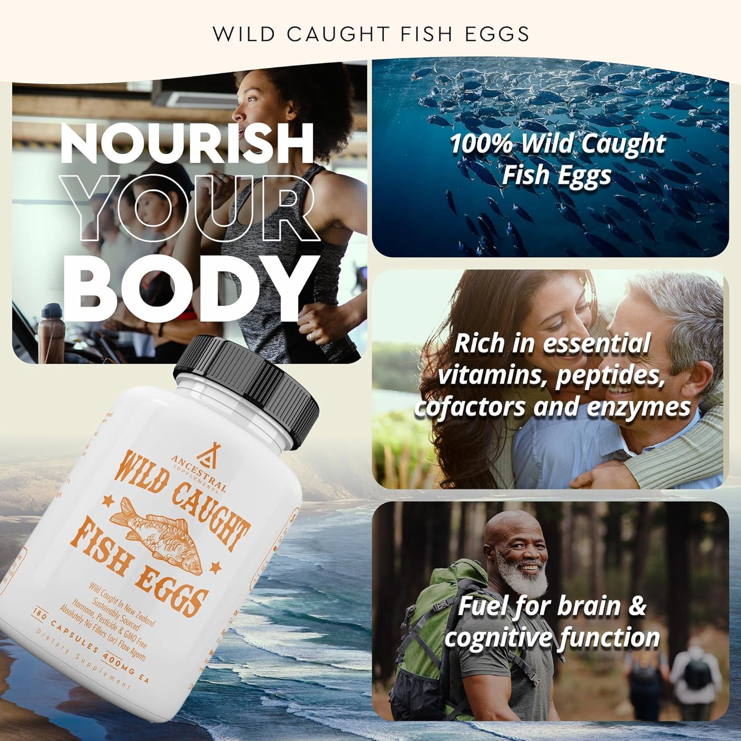 Ancestral Supplements Wild Caught Fish Eggs,  Omega-3 Supplement for Brain, Heart, Fertility and Inflammatory Health, Whole Food Source of Vitamin D, K2, and A, Non-GMO, 2400mg, 180 Capsules