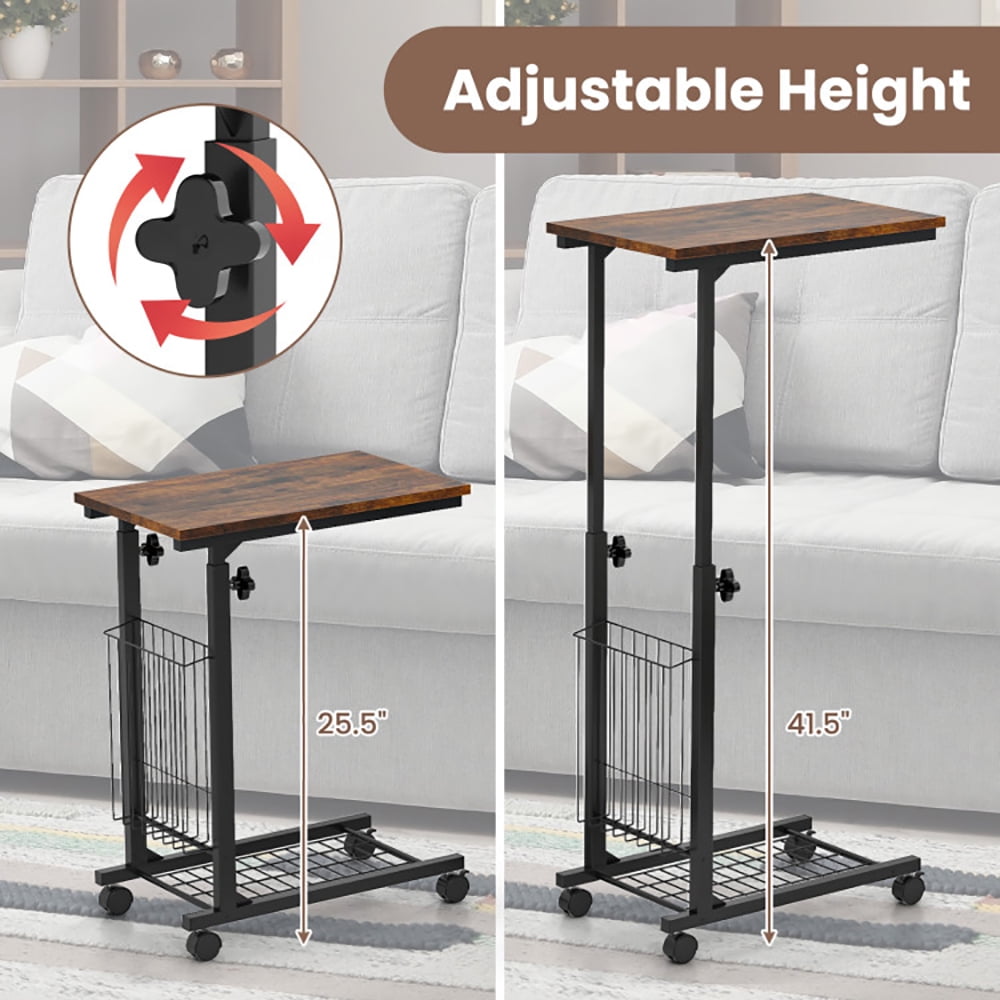 Finihen End Side Table, C-shape Sofa Side Table with Storage Basket, Sofa Side Table, Bed Side Table, for Living Room, Bedroom, Rustic Brown
