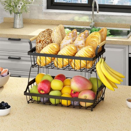 Veakar 2 Tier Fruit Basket with 2 Banana Hangers, Countertop Fruit Vegetable Basket Bowl for Kitchen Counter Metal Wire Storage Basket Fruits Stand Holder Organizer for Bread Snack Veggies Produce