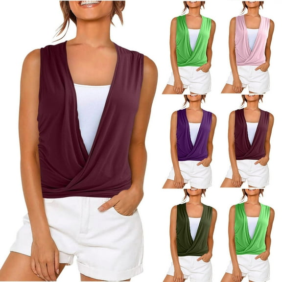 YHAJDS Womens Summer Tank Tops Sleeveless Casual Shirts Solid Color Pleated Detail V Neck Sleeveless Blouse