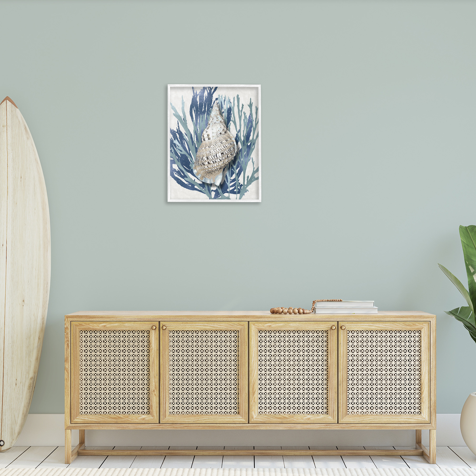 Stupell Industries Shell Coral Blue Beach Design Nature Painting White Framed Art Print Wall Art, 24 x 30