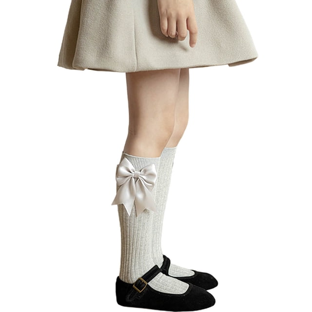 YUNAFFT Girls Cotton Mid-Calf Socks 6-14Y Solid Color Bowknot Design Spring/Autumn Casual