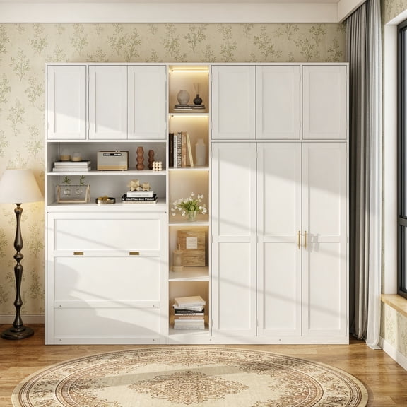 Twin Size Pull Out Murphy Bed with Wardrobe & Shelves, Storage Platform Bed Frame with LED Display Shelves & Overhead Cabinets