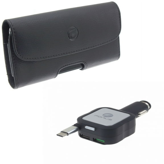 Car Charger & Case Belt Clip for iPhone 15 Pro Max - Retractable 4.8Amp Type-C 2-Port USB and Leather Holster Cover Loops Y7R for iPhone 15 Pro Max (6.7")