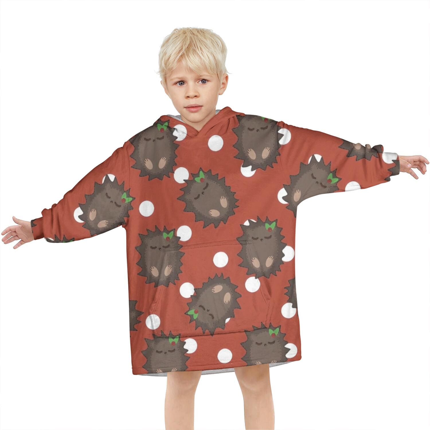 Red Hedgehog Pattern Blanket Hoodies for Kids 6-13YR Oversize Wearable Blanket Hoodies for Boys Girls Teens