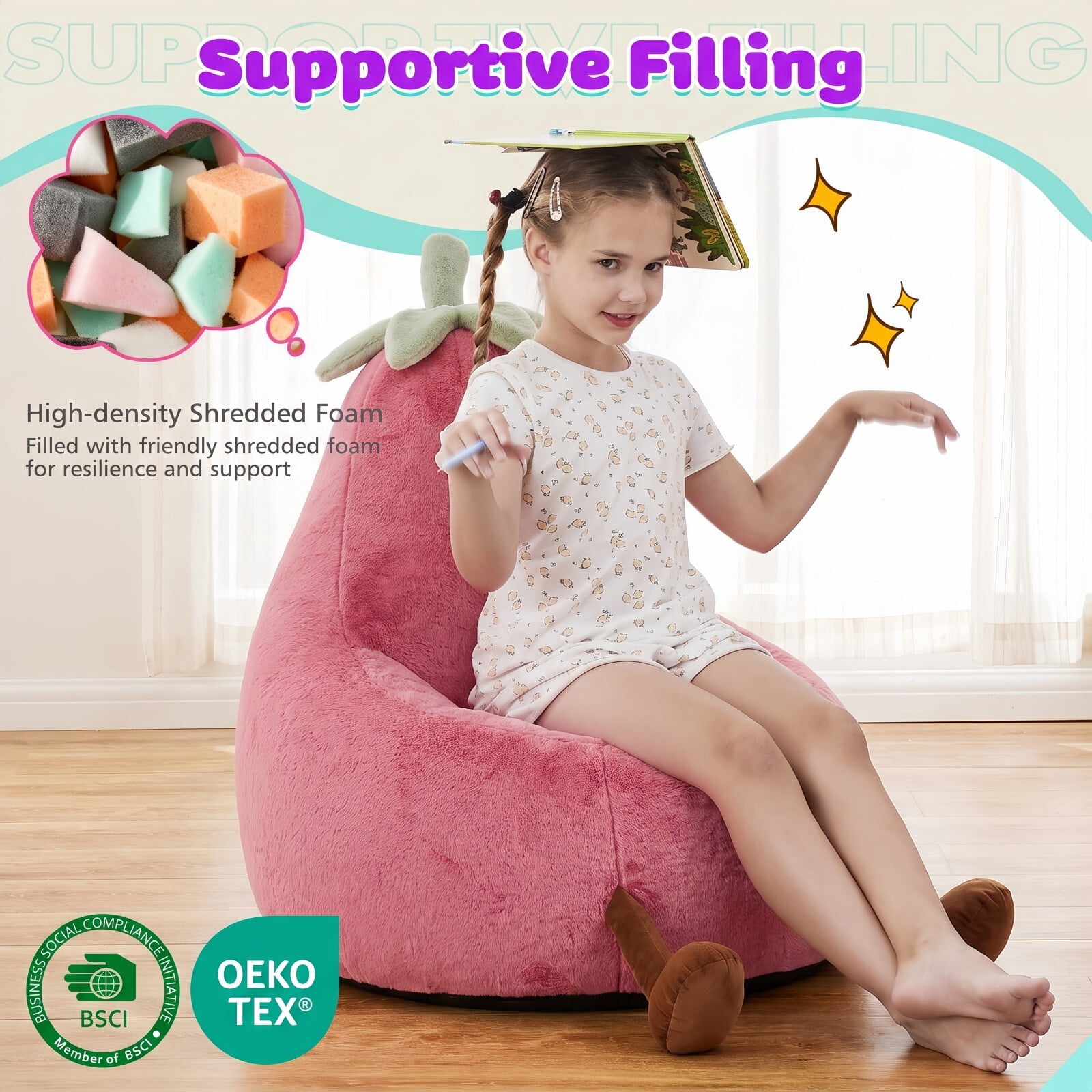 Kelno 31" Kids Bean Bag Chair Faux Rabbit Fur Lazy Chair Toddler Couch, Rose Red