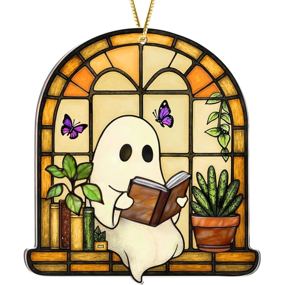 Halloween Faux Stained Glass Ghost Ornaments Acrylic, Halloween Decor Cute Suncatcher, Cute Ghost Gift for Book Lovers, Gothic Fall Decor for Window