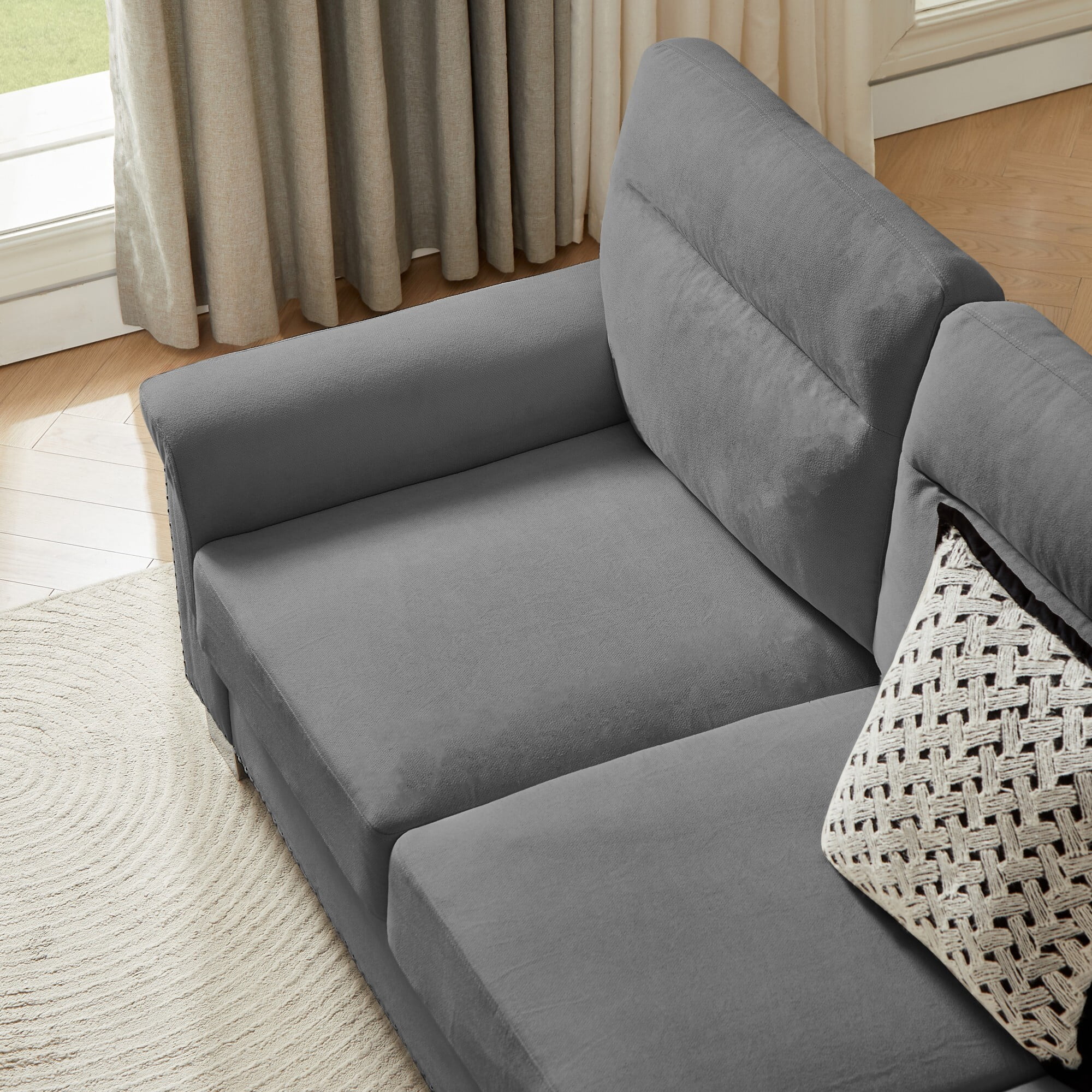 DEALTOPS 82" Modern Ice & Snow Velvet 3-Seater Sofa — Living Room Couch with Rolled Arms & Nailheads, Gray