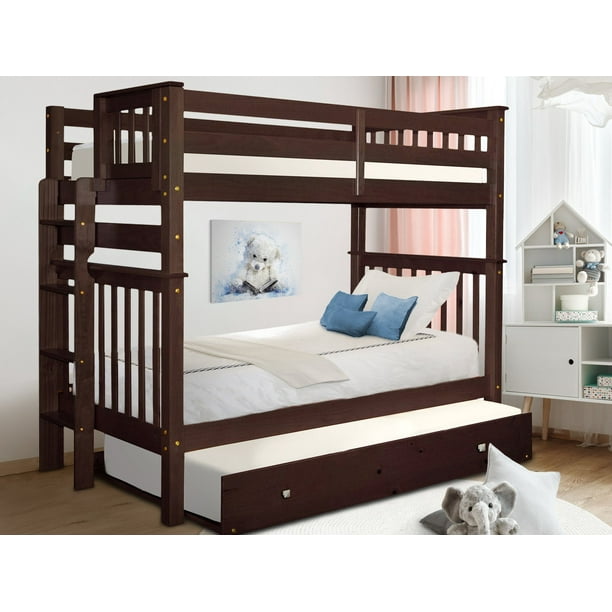 Bedz King Tall Bunk Beds Twin Over Twin Mission Style With End Ladder And A Twin Trundle Cappuccino Walmart Com Walmart Com