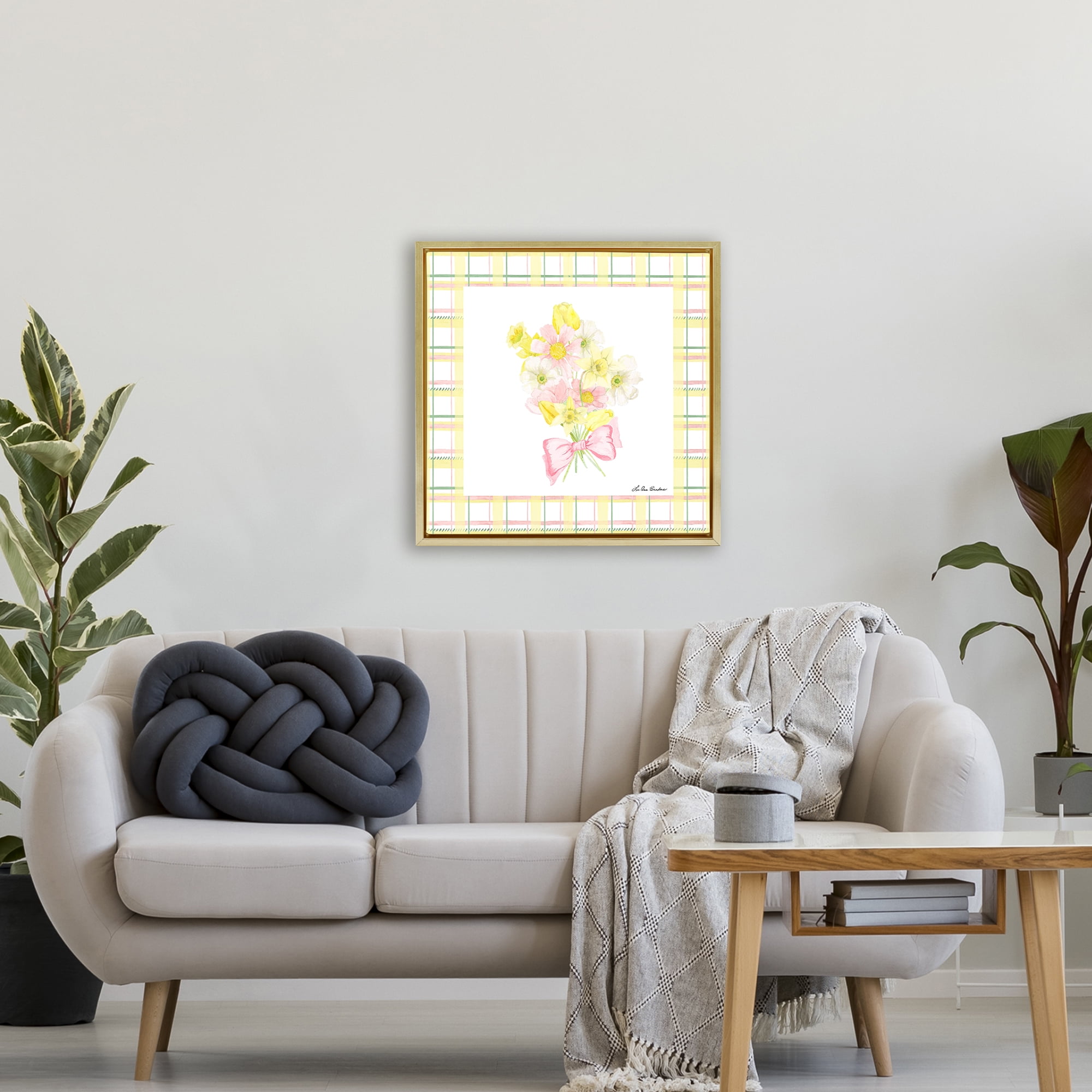 Spring Daffodils on Plaid Gold Framed Floater Canvas Wall Art, design by Lee Ann Sanders
