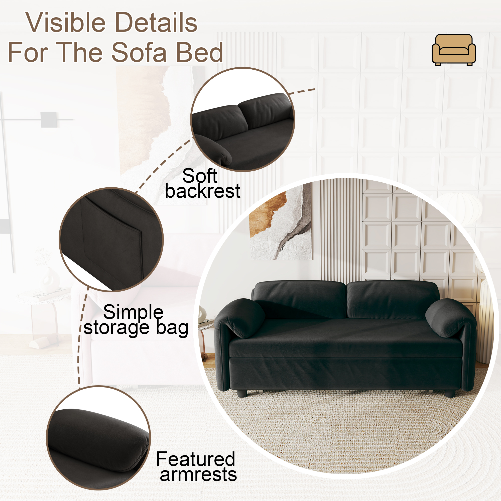 54" Velvet Futon Sofa Bed Convertible Sleeper Sofa Bed Pull Out Sofa Bed With Adjustable Backrest for Living Room,Office,Black