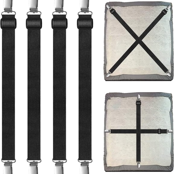 Adjustable Bed Sheet Clips with Elastic Straps and Clips for Securely Holding Sheets in Place, Fits Mattresses from 20" to 79"（Black）