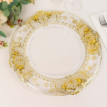 Efavormart 6 Pack Clear Plastic Dinner Charger Plates With Gold Florentine Style Embossed Rim, 13" Round Decorative Serving Trays