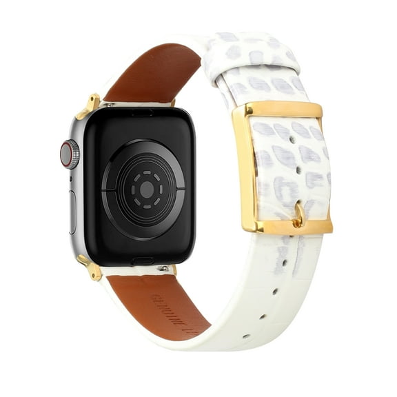 For Apple Watch Size 42/44/45mm Genuine Leather Replacement Band Strap Hybrid Wristbands Gold Buckle for iWatch Series 7/SE/6/5/4/3/2/1 [White Animal Skin]