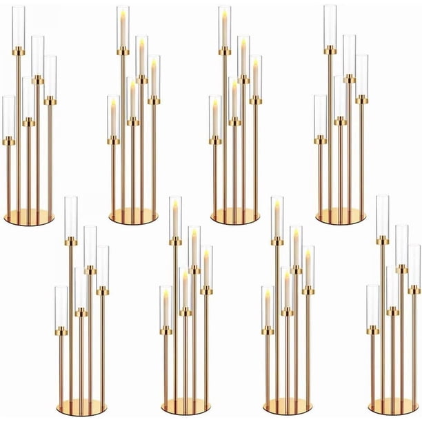 Juego de 8 centros de mesa de 35 pulgadas para velas doradas para mesas, portacandelabros, centros de mesa de boda, decoración de mesa, pantalla acrílica compatible con velas LED de 0.9 pulgadas