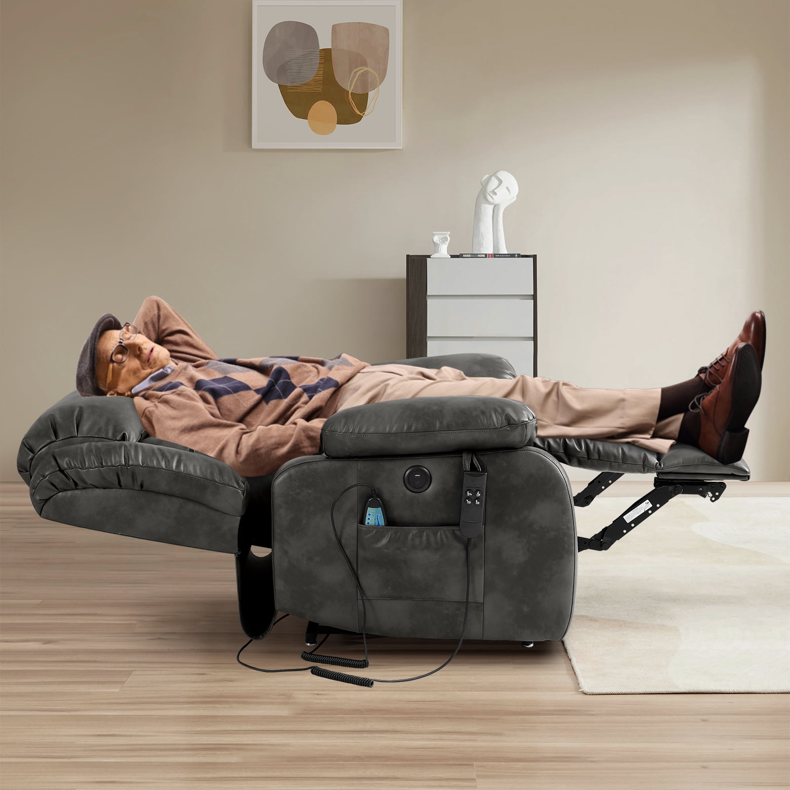 TEKAMON Infinite Position Lift Recliner Chair for Elderly with Heat and Massage Lay Flat Sleeping Leather Dual Motor Power Lift Chair for Living Room (Grey)