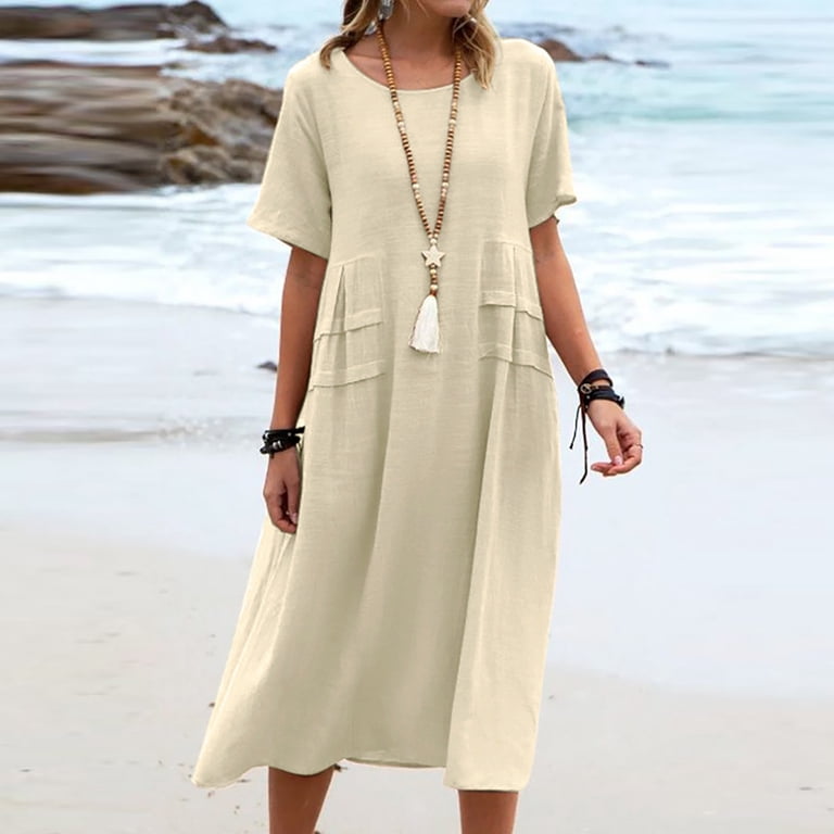 vintage boho dresses online safuny Women's Midi Cotton Dress with Pocket Short Sleeve Beach Clothing Elegant Casual Comfy Holiday Summer Round Neck Sundress Khaki XXXXL Bust 36 Viscose / Viscose TWIST-OFF SHOULDER DRESS Black Size:plus-size