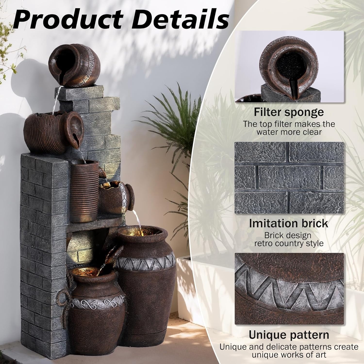 Magic Union 31.5" Tall Outdoor Water Fountain Garden Waterfalls Fountain with LED Lights 6 Tier Modern Indoor/Outdoor Floor Standing Water Fountain with Pump for Garden, Patio, House Decor,Gray