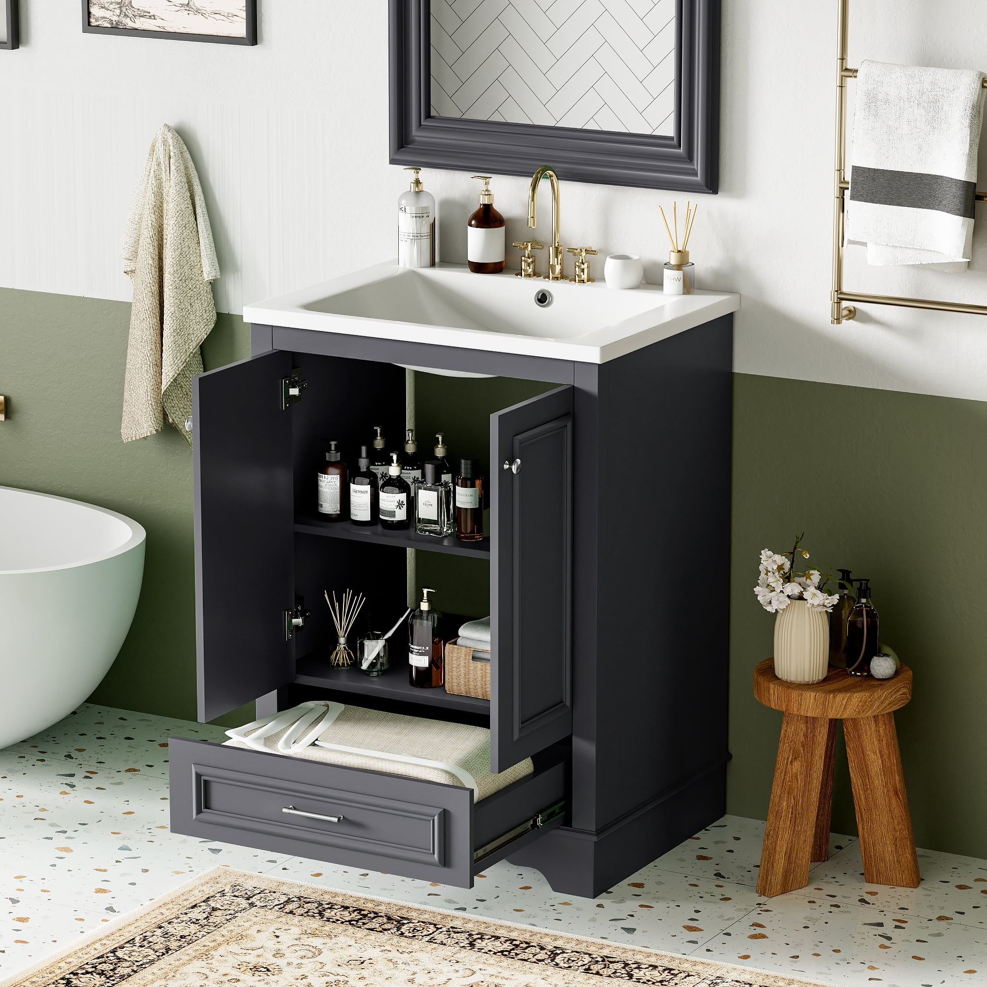 Euroco 24" Bathroom Vanity with Sink, Modern Bathroom Cabinet with Ceramic Basin & Adjustable Storage, Solid Wood Frame Vanity