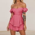 thumbnail image 2 of REORIAFEE Plus Size Rompers for Women 2023 Summer Casual Shorts Jumpsuit Baggy Jumpsuit off the Shoulder Short Sleeve Playsuit Solid Color Sexy Romper for Women Suspender Short Jumpsuit Hot Pink M, 2 of 8