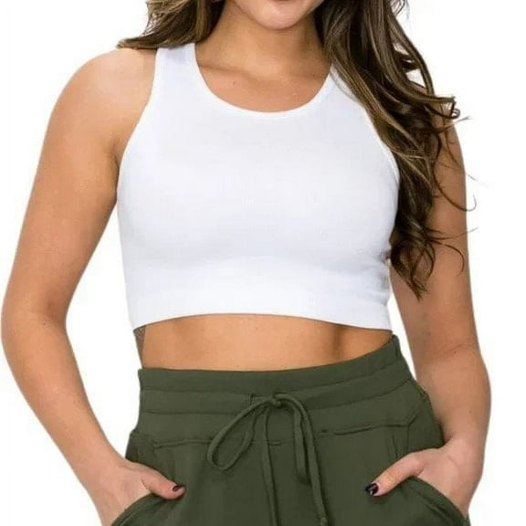 Yelete White Womens Ribbed High Neck Cropped Tank Top 2 Sizes Lots of Stretch