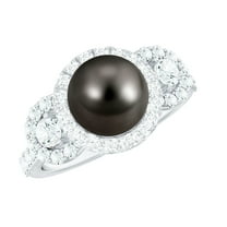 Rosec Jewels Tahitian Pearl Engagement Ring with Moissanite - 8 Carat - Black Pearl Ring - AAA Quality - with Jewelry Box, 18K White Gold, US 12.50