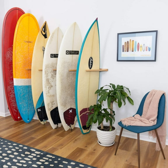 Vertical Surfboard Wall Rack, Solid Oak Wood, 6 Surfboard Storage