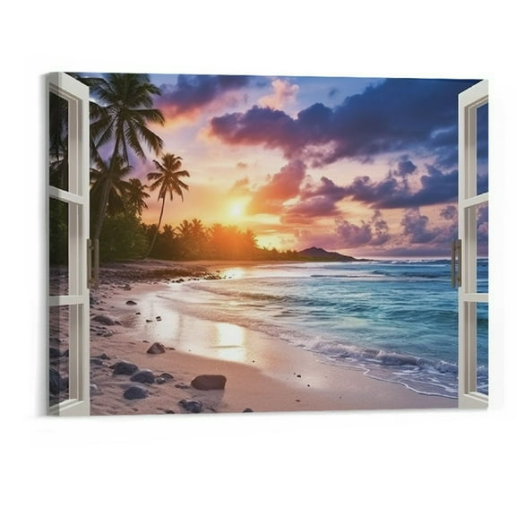 Creowell Window Beach Wall Art Open Window Wall Decor Beach Pictures for Wall Palm Tree Canvas Painting Nautical 3D Window Print Artwork Modern Home Decor Framed for Living room Bedroom 20x16 Inch