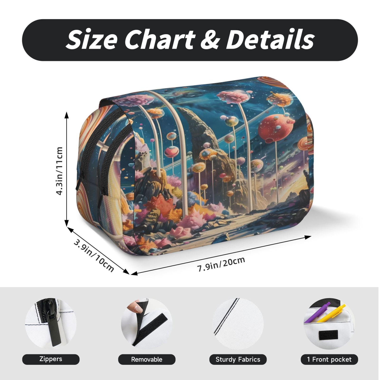 Rateoe Starry Sky Planet Lollipop Pattern Double Clamshell Pen Case, Storage Organizer with Two Zipper Compartments– Holds Up to 50 Pencils & Pens