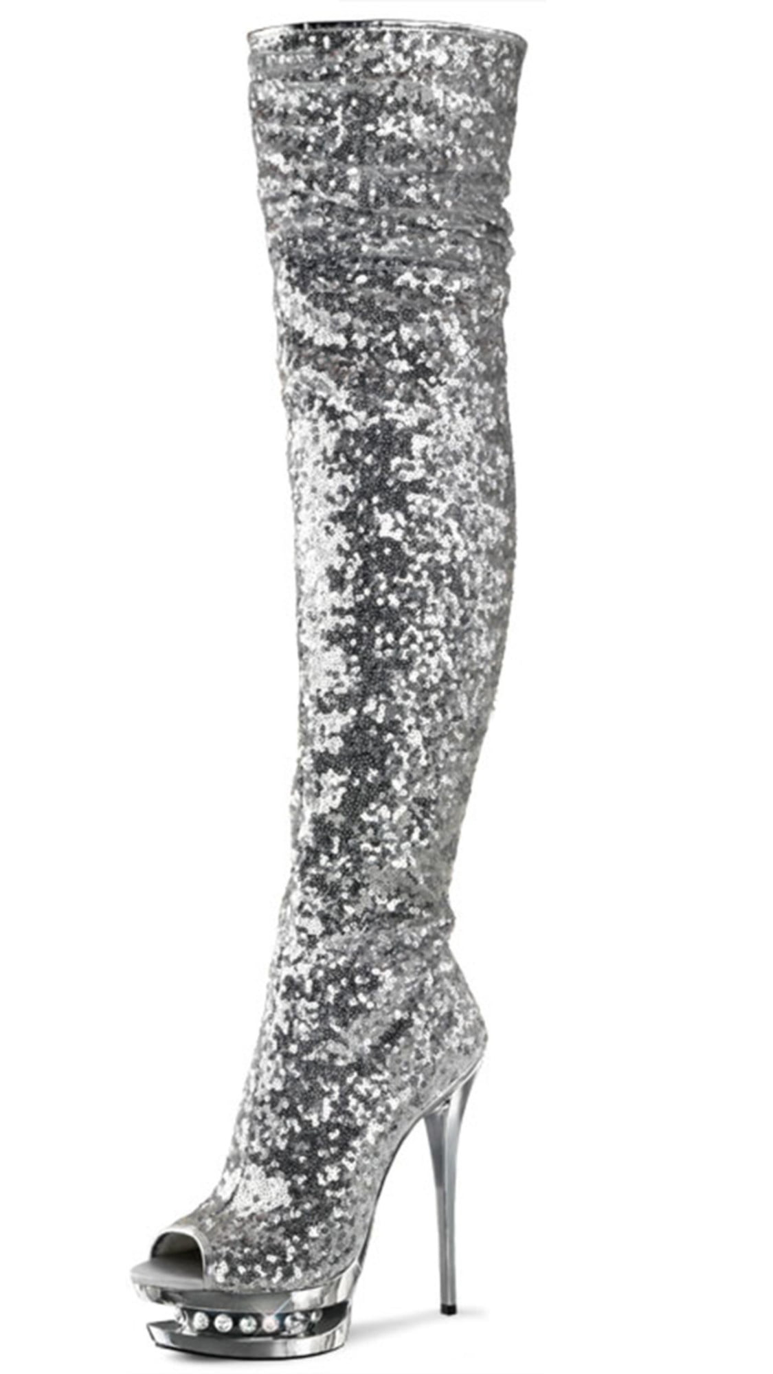 silver shimmer thigh high boots