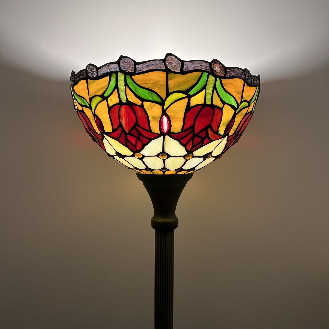 Tiffany Torch Floor Lamp Stained Glass Red Tulips LED Bulb Included 12"W*12"D*66"H
