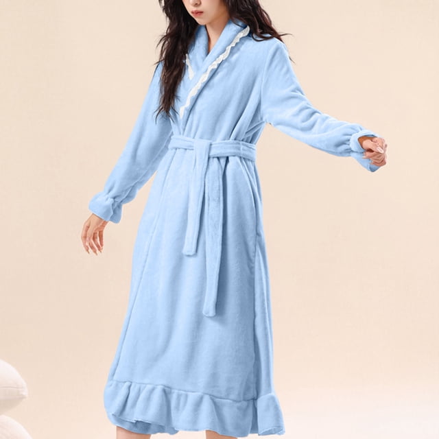 Qepwscx Women's Solid Color Flannel Robe - Long Sleeve Ankle-Length with Pockets Fleece Sherpas Shaggys Bathrobes