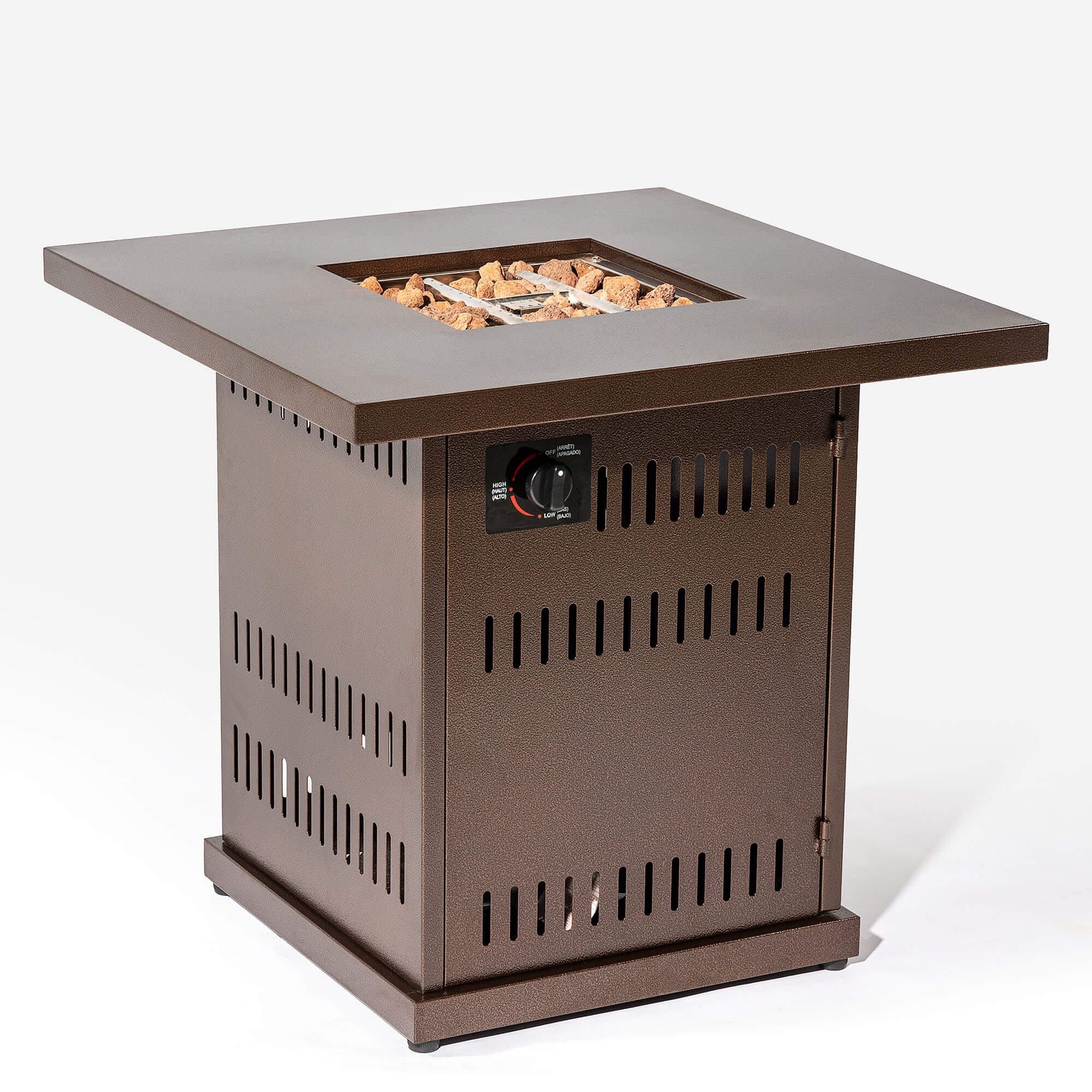 AJ Enjoy 28'' Outdoor Propane Fire Pit Table, 50,000 BTU Auto-Ignition Square Gas Firepit with Painted Steel Tabletop, Lava Rocks, Stainless Steel Lid
