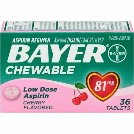 Bayer Chewable Low Dose 'Baby' Aspirin 81 mg Tablets Cherry 36 Tablets (Pack of 3)