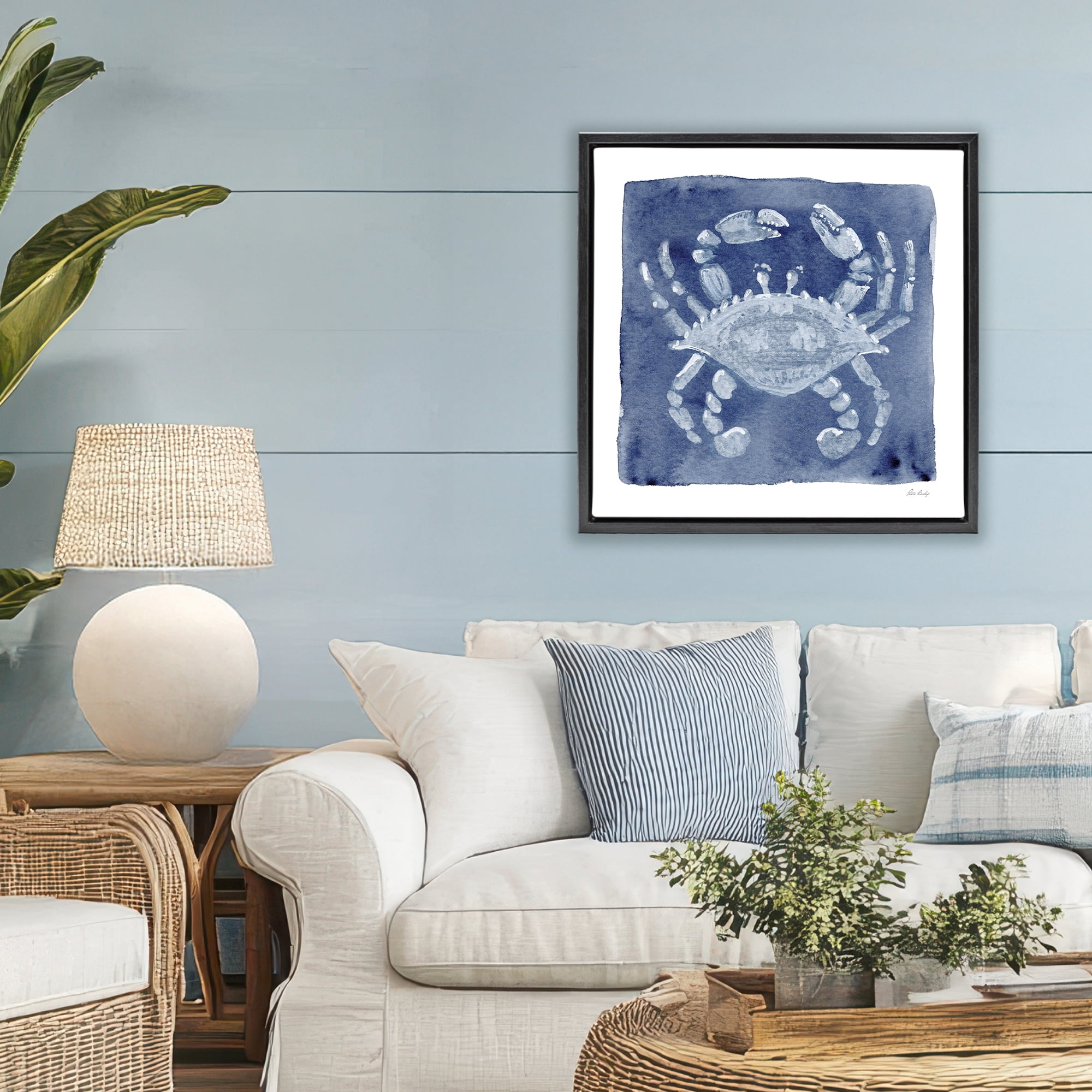 Stupell Industries White Crab on Indigo Black Framed Floater Canvas Wall Art, design by Patti Bishop