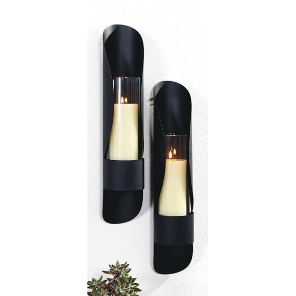 ArtMaison Canada, Set of 2 Bold III Metal With Glass Wall Sconce, 4x19 Inch | Wall Mount Candleholders Black Metal Candle Holders Wall Art Home Decoration