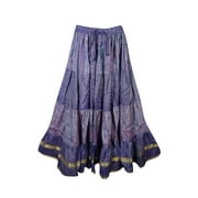 Mogul Silk Sari Indian Maxi Skirt Purple Printed Tiered Full Flare Long Skirts