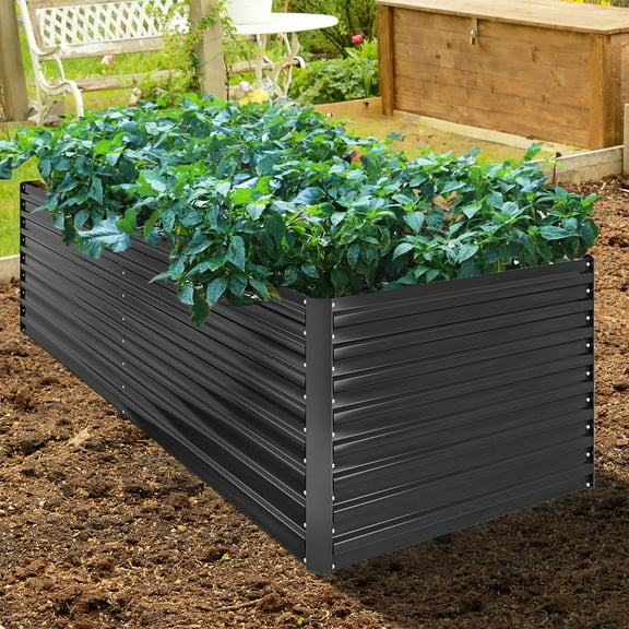 Dextrus Large Outdoor Metal Garden Planting Box Set, Equipped with 2 Gloves, Support Rod, and Safe Edge Curling Design, Ideal for Plants, Vegetables&Flowers,-6x3x2ft ,Dark Gray