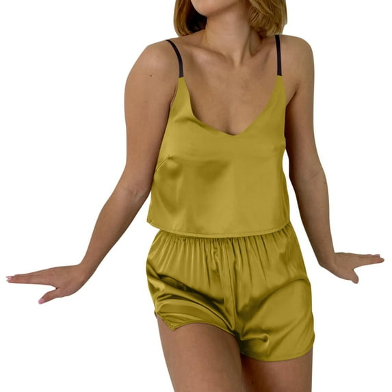 zuwimk Pajamas Sets For Women,Women's Silk Satin Ruffled Pajamas Sets Cami Shorts Sets Sleepwear Yellow,XL