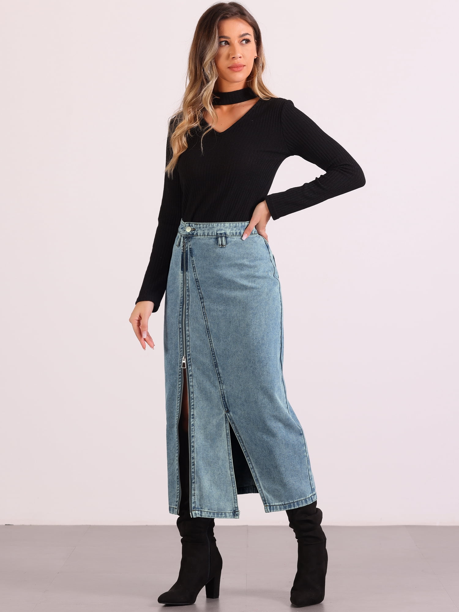 DARING DIVA Women Denim Zipper Front Split Long Jean Skirt with Pockets S Blue