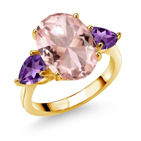 Gem Stone King 18K Yellow Gold Plated Silver Peach Nano Morganite and Purple Amethyst Ring for Women (10.48 Cttw, 14X10MM Oval and 7X5MM Pear Shape, Gemstone October Birthstone, Size 7)