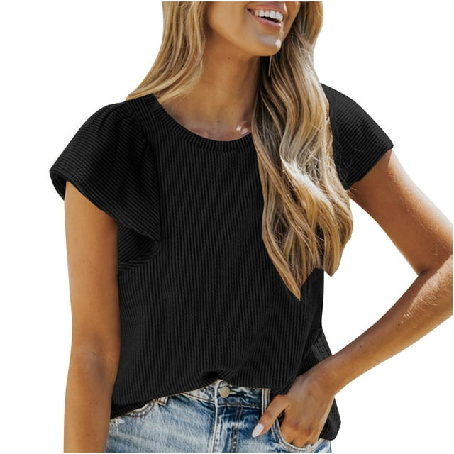 Timegard Tops for Women Trendy Ruffle Short Sleeve Slim Solid Color Knit Tee Casual Going out Tops Summer