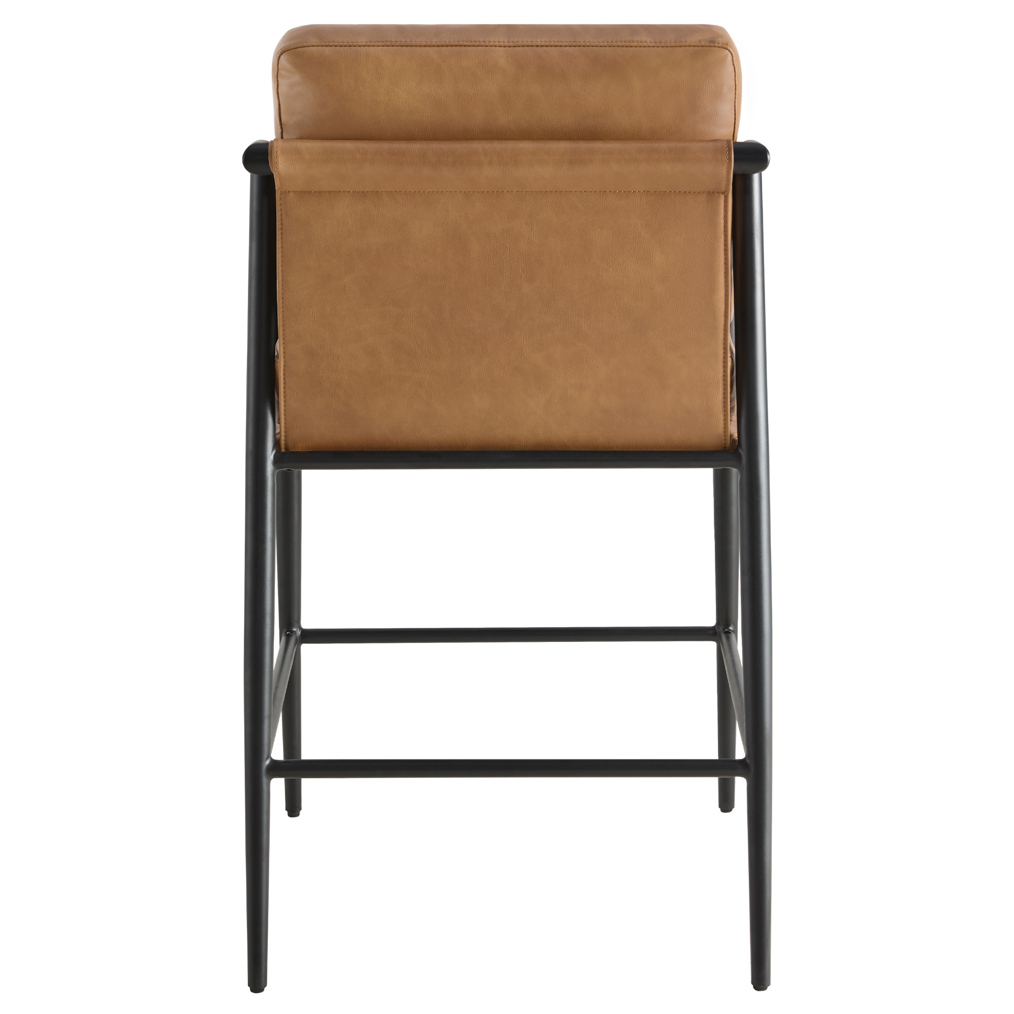Spruce & Spring Mid-Century Modern Counter Stool Set with Wood Armrests and Cushioned Sling Seat Set of 2, Cognac Faux Leather