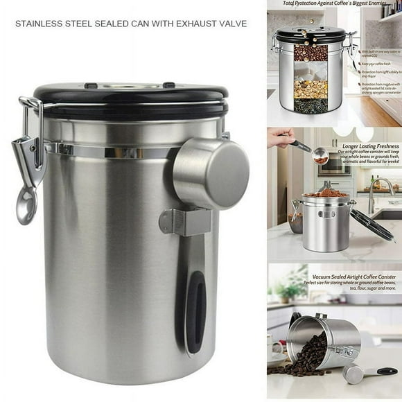 Airtight Coffee Canister Stainless Steel Container Coffee Ground Vault Jar with Valve for Kitchen New