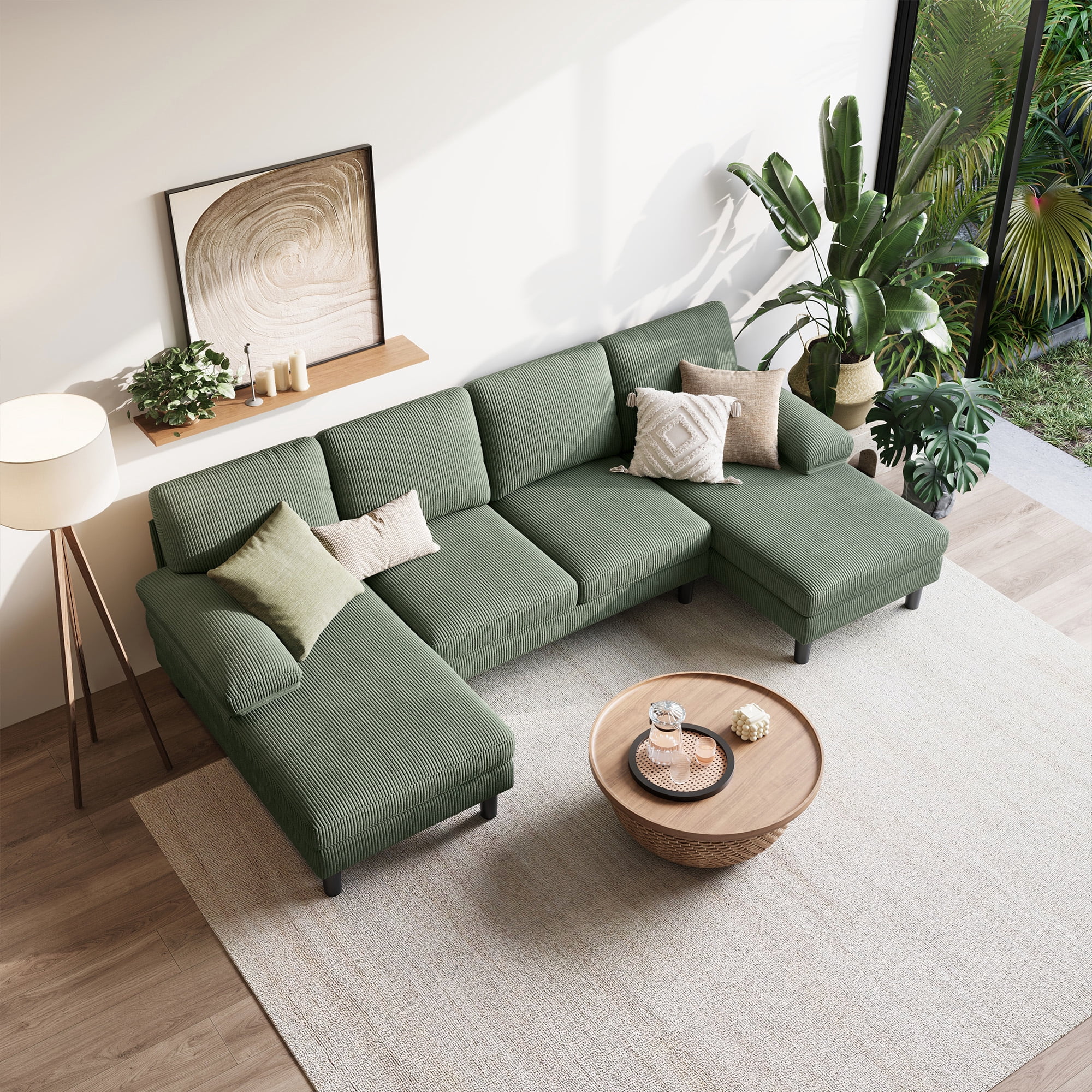 Linsy Home Sectional Sofa for Living Room, U-Shaped Sofa Couch with Corduroy Fabric, 4 Seat Sofa Set with Double Chaise for Apartment, Army Green