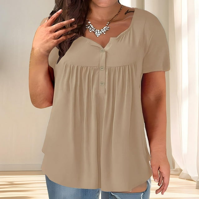 Blouse Ample à Col en V pour Femme, Chemise à Manches Courtes Grande Taille, Haut Décontracté à Décor de Paillettes, Confort en Polyester Extensible, Tunique Polyvalente pour Femme